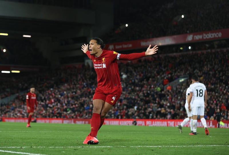 LIVERPOOL, ENGLAND - FEBRUARY 24: Virgil van Dijk of Liverpool reacts during the Premier League match between Liverpool FC and West Ham United at Anfield on February 24, 2020 in Liverpool, United Kingdom. (Photo by Clive Brunskill/Getty Images)