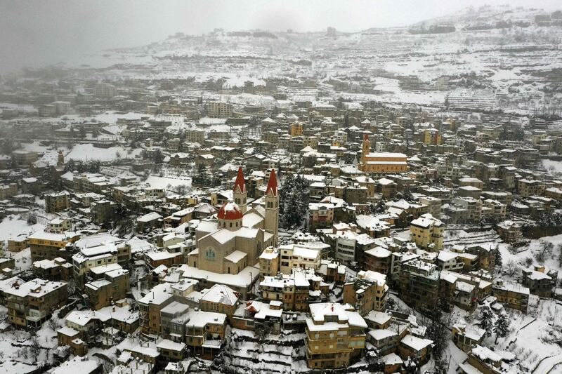 An aerial view of the snow-coverd town of Bcharr in Mount Lebanon. AFP