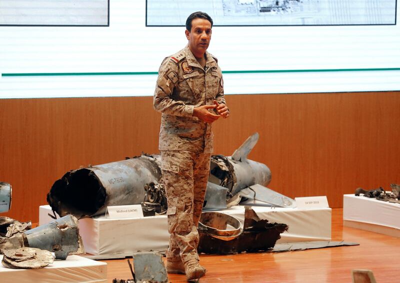 Saudi military spokesman Col. Turki Al Malki displays what he describes as an Iranian cruise missile and drones used in the attack, during a press conference in Riyadh, Saudi Arabia, Wednesday, September 18, 2019. AP Photo/Amr Nabil