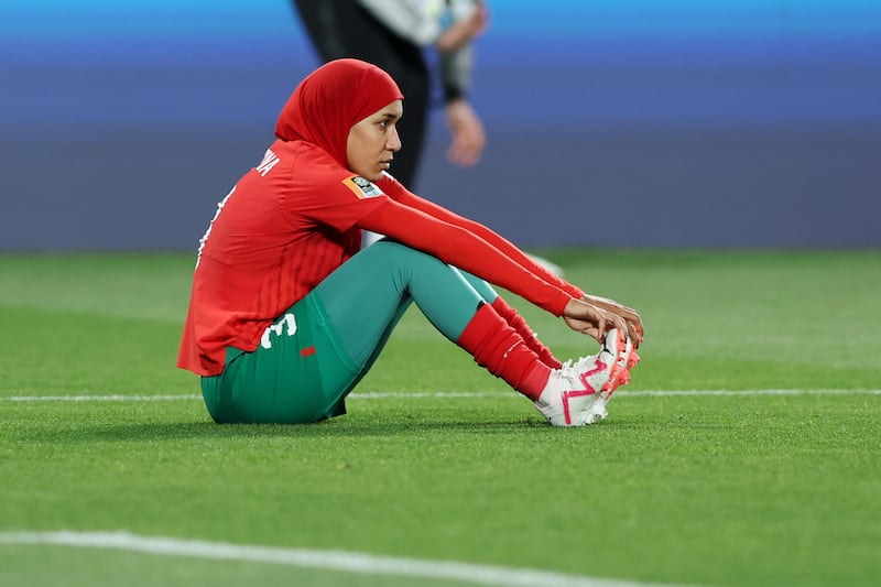 Nouhaila Benzina of Morocco shows her dejection after her side’s 4-0 defeat to France in the Women's World Cup Round of 16 at Hindmarsh Stadium on August 8, 2023. Getty