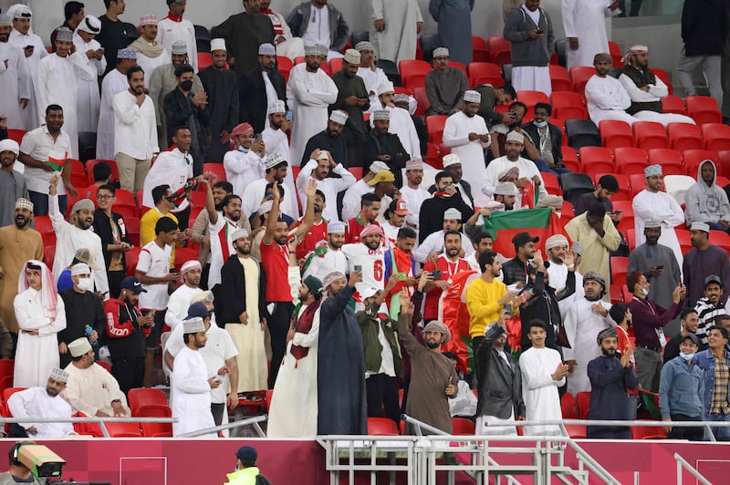 Oman supporters during the Arab Cup 2021 match between Oman and Bahrain at the Ahmed bin Ali Stadium in the Qatari city of Ar Rayyan.