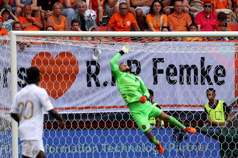 Netherlands' goalkeeper Justin Bijlow makes a save. AFP