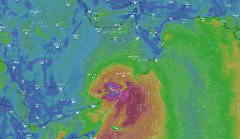 A screen grab of the projected path of Cyclone Mekunu over Yemen and Oman on Saturday. Courtesy Windy.com