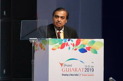 Chairman and Managing Director of Reliance Industries Mukesh Ambani speaks during the inauguration of the 9th Vibrant Gujarat Global Summit (VGGS) in Gandhinagar, India, Friday, Jan. 18, 2019. Over 20,000 national and international delegates are expected to attend the Summit in Gandhinagar between January 18 and 20. (AP Photo/Ajit Solanki)