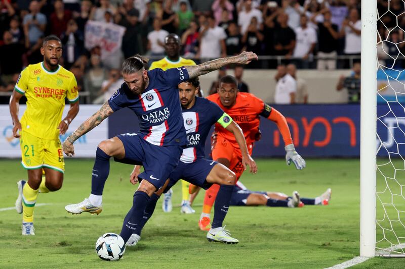 Sergio Ramos backheels the ball to score PSG's third goal against Nantes. AFP