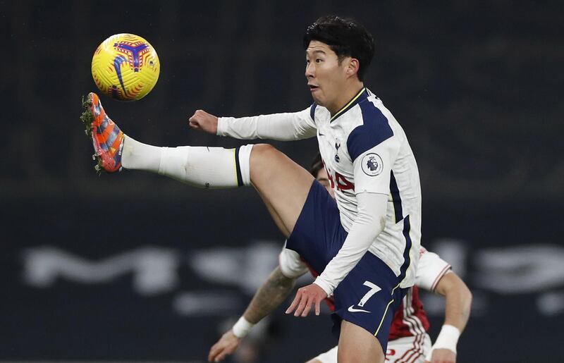 Son Heung-min of Tottenham against Arsenal in London. EPA