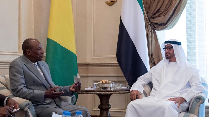 ABU DHABI, UNITED ARAB EMIRATES -August 28, 2017: HH Sheikh Mohamed bin Zayed Al Nahyan Crown Prince of Abu Dhabi Deputy Supreme Commander of the UAE Armed Forces (R), meets with HE Alpha Conde President of Guinea (L), during a Sea Palace barza. 

( Rashed Al Mansoori / Crown Prince Court - Abu Dhabi )
---