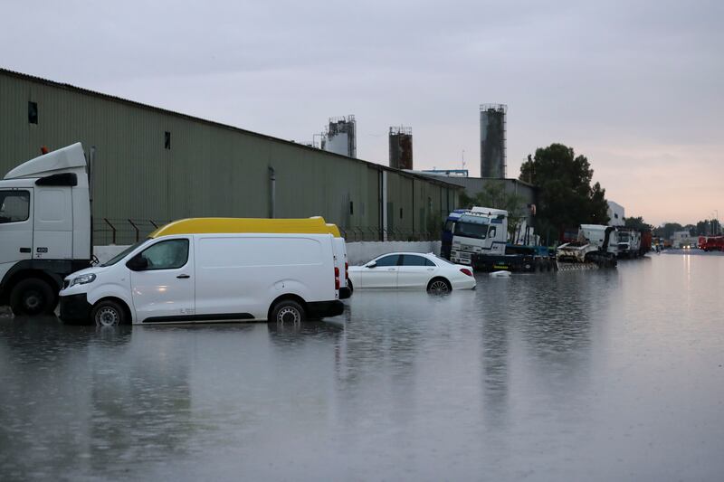 Heavy rain caused roads to become flooded in parts of Al Quoz. Khushnum Bhandari / The National