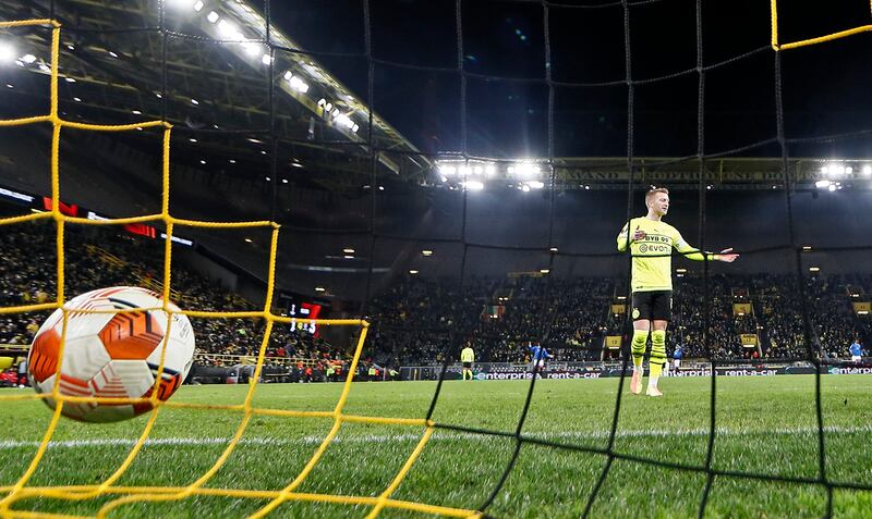Dortmund's Marco Reus after Rangers' Alfredo Morelos scored in their Europa League play-off. AP