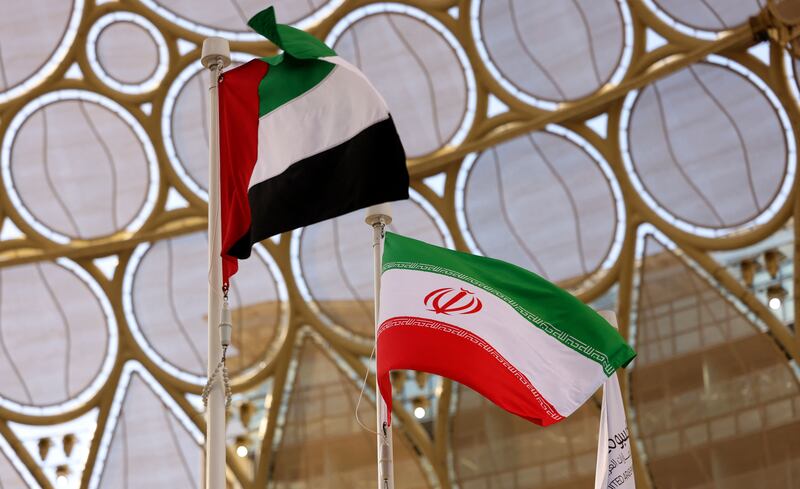 The UAE and Iranian flags outside the Iran Pavilion at Expo 2020 Dubai last year. AFP