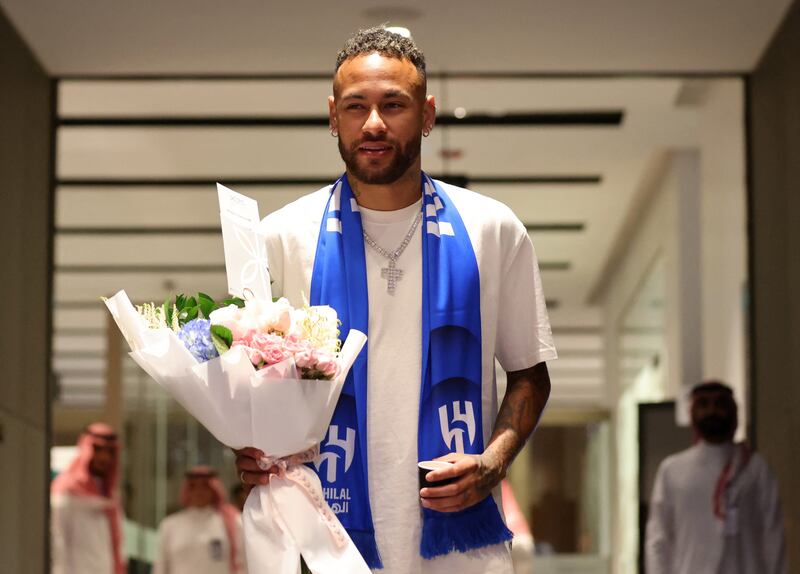 Neymar arrives at the King Khalid International Airport in Riyadh on Friday ahead of his unveiling as an Al Hilal player. Reuters