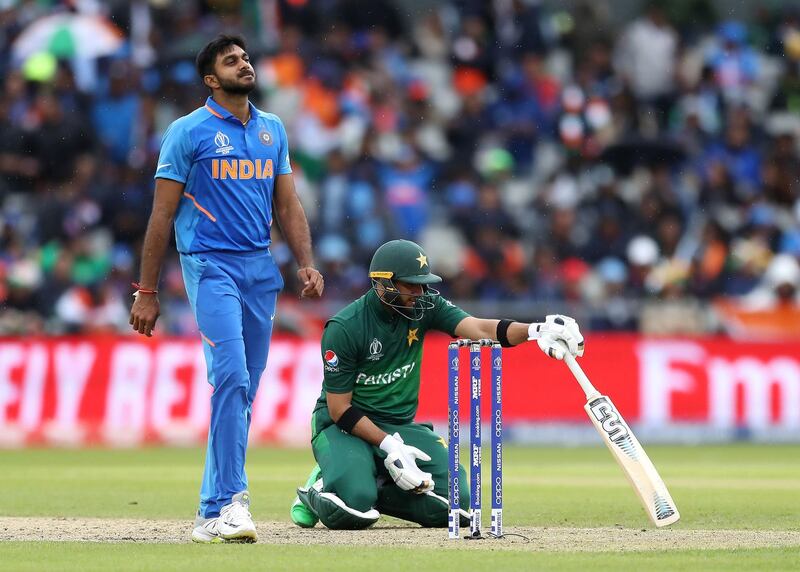 Pakistan's Imad Wasim on his knees during the ICC Cricket World Cup group stage match at Emirates Old Trafford, Manchester. PRESS ASSOCIATION Photo. Picture date: Sunday June 16, 2019. See PA story CRICKET India. Photo credit should read: Martin Rickett/PA Wire. RESTRICTIONS: Editorial use only. No commercial use. Still image use only.