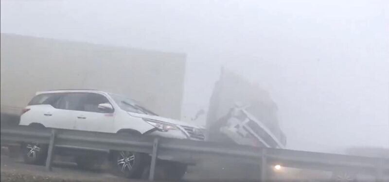 The driver of a lorry that ploughed into a line of stationary vehicles in heavy fog on Tuesday has been arrested on suspicion of reckless driving. The incident involved 44 vehicles in total and more than people 20 people were reported injured.