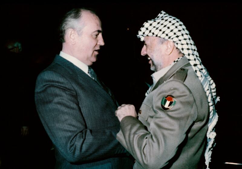 Mr Gorbachev with Yasser Arafat, President of Palestine Liberation Organisation, in East Berlin on April 17, 1986 during the 11th Congress of the Socialist Unity Party of East Germany. AFP