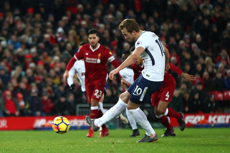 LIVERPOOL, ENGLAND - FEBRUARY 04: Harry Kane of Tottenham Hotspur takes a penalty which is later saved during the Premier League match between Liverpool and Tottenham Hotspur at Anfield on February 4, 2018 in Liverpool, England.  (Photo by Clive Brunskill/Getty Images)