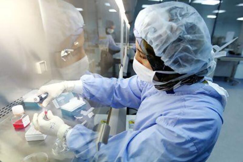 Clinical scientist Eiman El Kassas isolates pre-processed blood samples for eventual stem cell extraction at the Dubai Cord Blood and Research Centre in Dubai. Sarah Dea / The National