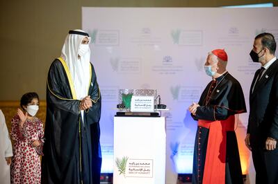 Sheikh Shakhbout bin Nahyan, Minister of State, collects the award on behalf of Sheikh Mohamed bin Zayed at Emirates Palace on July 6, 2021. Rashed Al Mansoori / Ministry of Presidential Affairs