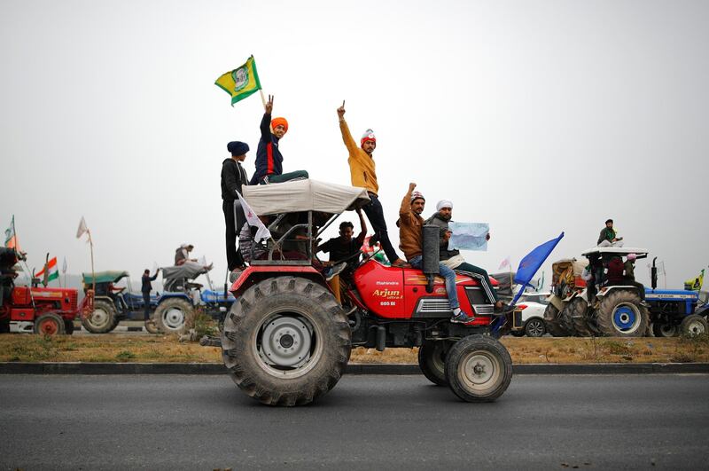 Farmers participate in a tractor rally to protest against the newly passed farm bills at Singhu border near New Delhi, India. Reuters