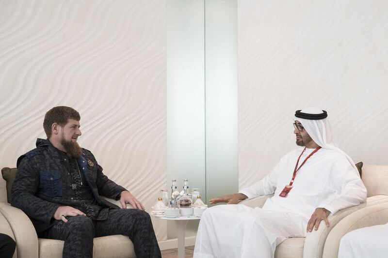Sheikh Mohammed bin Zayed Al Nahyan Crown Prince of Abu Dhabi Deputy Supreme Commander of the UAE Armed Forces, meets with Ramzan Kadyrov, President of Chechnya, at the Yas Viceroy Hotel on the second day the 2016 Formula 1 Etihad Airways Abu Dhabi Grand Prix. Ryan Carter / Crown Prince Court - Abu Dhabi