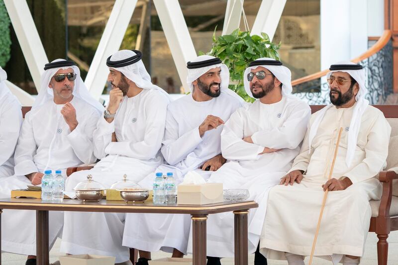 ABU DHABI, UNITED ARAB EMIRATES - November 12, 2018: (R-L) HH Sheikh Tahnoon bin Mohamed Al Nahyan, Ruler's Representative in Al Ain Region, HH Sheikh Hamdan bin Zayed Al Nahyan, Ruler���s Representative in Al Dhafra Region, HH Sheikh Nahyan Bin Zayed Al Nahyan, Chairman of the Board of Trustees of Zayed bin Sultan Al Nahyan Charitable and Humanitarian Foundation, HH Sheikh Abdullah bin Rashid Al Mu'alla, Deputy Ruler of Umm Al Quwain and HH Lt General Sheikh Saif bin Zayed Al Nahyan, UAE Deputy Prime Minister and Minister of Interior, attend a Sea Palace barza.

( Rashed Al Mansoori / Ministry of Presidential Affairs )
---