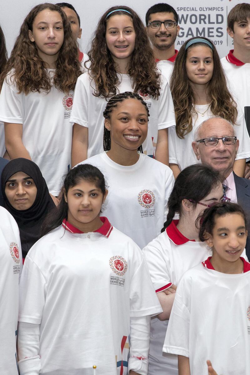 Abu Dhabi, United Arab Emirates, November 14, 2017:    American Olympian Allyson Felix, centre and Al Bloom, vice chancellor of NYUAD pose with Special Olympic athletes during the launch event of the 9th MENA Special Olympics 2018 and the Special Olympics World Games 2019 at New York University Abu Dhabi on Saadiyat Island in Abu Dhabi on November 14, 2017. Christopher Pike / The National

Reporter:  N/A
Section: News