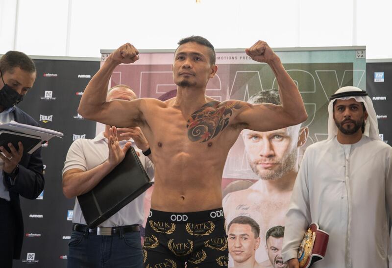 Dubai, United Arab Emirates - Donnie Nietes (Philippines) at  weigh-in for his bout with Pablo Corillo (Colombia) at Leva Hotel, Sheikh Zayed Road.  Leslie Pableo for The National for Amith Pasella's story