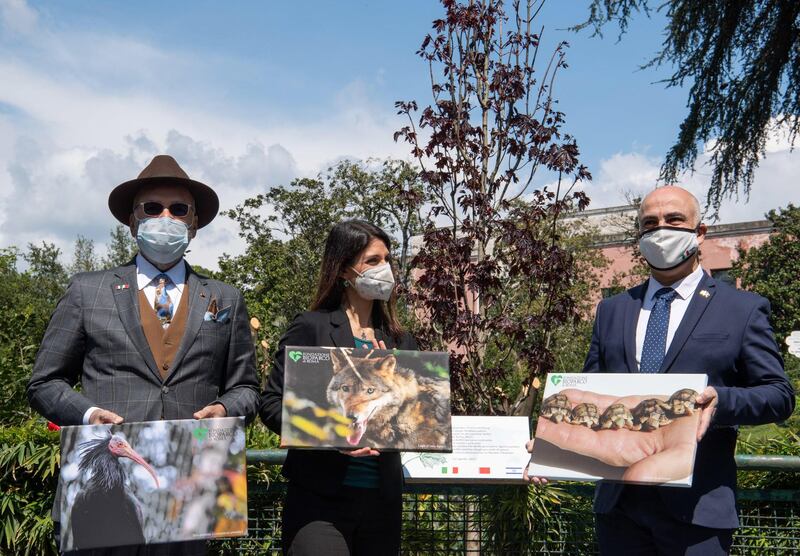 Bahrain's ambassador to Italy, Nasser Al Belooshi, the mayor of Rome, Virginia Raggi, and Israel's ambassador to Italy, at a ceremony for World Earth Day in the Biopark of Rome, Italy. The day, celebrated on April 22 each year, marks the anniversary of the birth of the modern environmental movement in 1970. EPA