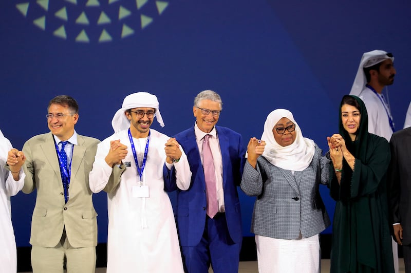 Sheikh Abdullah bin Zayed, Minister of Foreign Affairs, Microsoft co-founder Bill Gates, Tanzanian President Samia Hassan and Reem Al Hashimy, Minister of State for International Co-operation, attend the Reaching the Last Mile Forum held alongside Cop28. Reuters