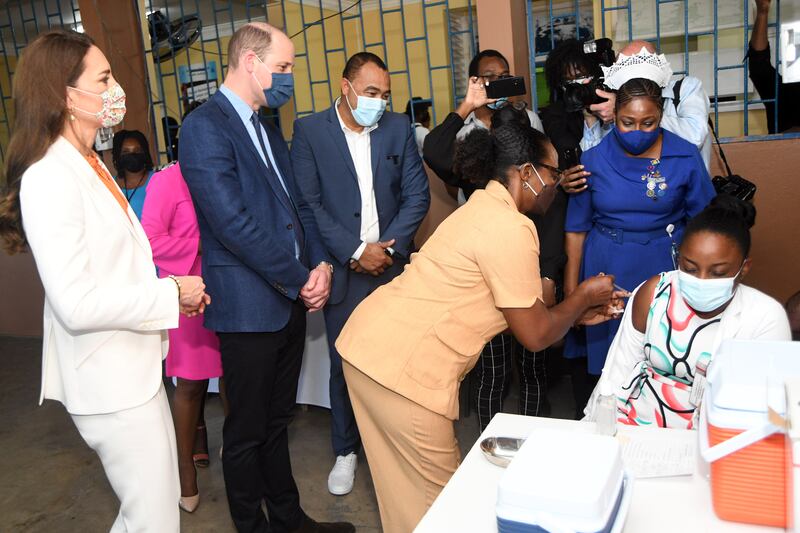 Prince William and Kate, accompanied by Jamaican Minister of Health Christopher Tufton, visit the Spanish Town Hospital, Kingston. EPA