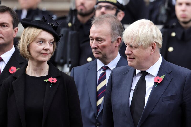 Former British Prime Ministers Liz Truss and Boris Johnson at the National Service of Remembrance at The Cenotaph, in London, on November 13, 2022. Reuters