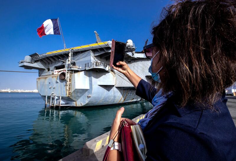 Abu Dhabi, United Arab Emirates, March 25, 2021.   Arrival of Charles de Gaulle aircraft carrier.  Media visitors take some snaps of the vessel.
Victor Besa/The National
Section:  NA
Reporter:  Ahmed Maher