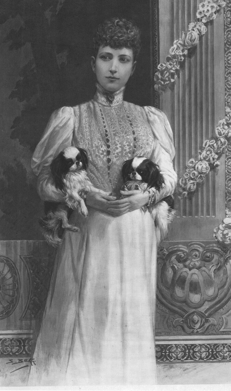 Queen Alexandra', 1901. Portrait of Alexandra of Denmark (1844-1925) with two of her pet dogs. Her husband Edward Albert (1841-1910) became King Edward VII of the United Kingdom and Alexandra became Queen consort on the death of Queen Victoria on 22 January 1901. From "The Illustrated London News Record of the Glorious Reign of Queen Victoria 1837-1901: The Life and Accession of King Edward VII. and the Life of Queen Alexandra". [London, 1901]. Artist Unknown. (Photo by The Print Collector via Getty Images)