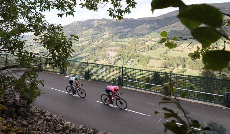 Germany's Lennard Kamna and Daniel Martinez of Colombia during Stage 13 - from Chatel-Guyon to Le Puy Mary Cantal - of the Tour de France on Friday, September 11. AFP