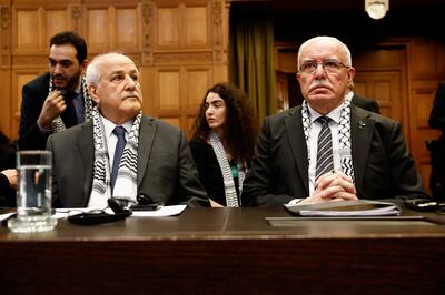Palestinian Foreign Minister Riyad Al Maliki and Palestinian UN envoy Riyad Mansour at the International Court of Justice. Reuters
