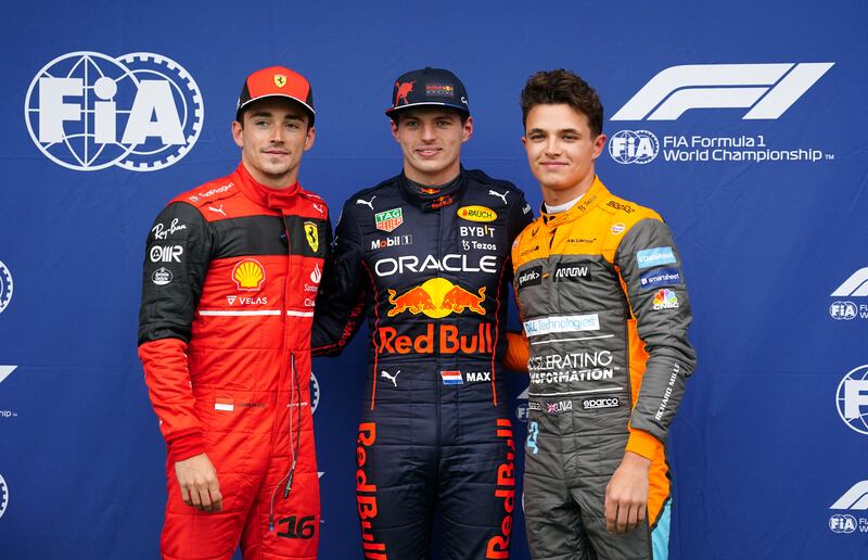 Ferrari's Charles Leclerc, left, Red Bull Racing's Max Verstappen, centre, and McLaren's Lando Norris after qualifying for the Emilia Romagna Grand Prix. PA
