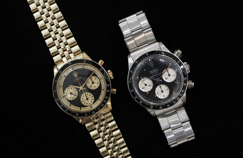Unusual Rolex Daytona watches. Left, a Paul Newman JPS timepiece; right, a Daytona Tiffany & Co watch.