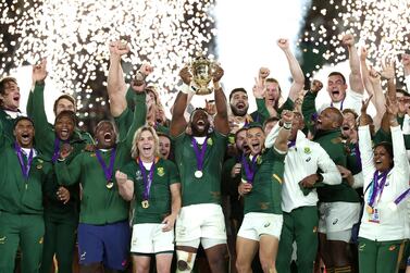 YOKOHAMA, JAPAN - NOVEMBER 02: Siya Kolisi of South Africa lifts the Web Ellis cup following his team's victory against England in the Rugby World Cup 2019 Final between England and South Africa at International Stadium Yokohama on November 02, 2019 in Yokohama, Kanagawa, Japan. (Photo by David Rogers/Getty Images)