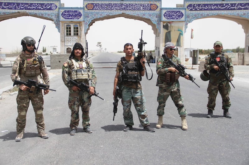 Afghan National Army soldiers at a roadside check point in Herat, the provincial capital of Herat province in Afghanistan.
