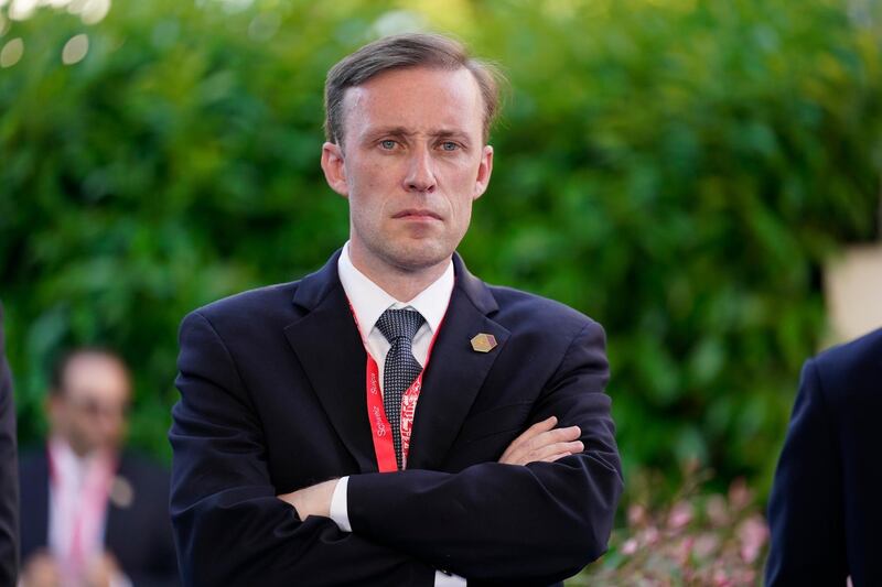 National security adviser Jake Sullivan, listens to President Joe Biden speak during a news conference after meeting with Russian President Vladimir Putin, Wednesday, June 16, 2021, in Geneva, Switzerland. (AP Photo/Patrick Semansky)