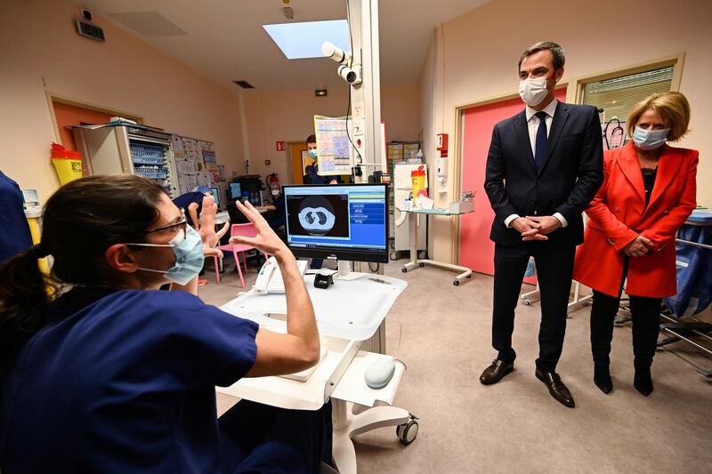 French Health Minister Olivier Veran visits the coronavirus disease emergency and intensive care units of the Hospital Centre in Dunkirk. Reuters