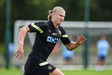 MANCHESTER, ENGLAND - JULY 27: Manchester City's Erling Haaland in action during training at Manchester City Academy Stadium on July 27, 2022 in Manchester, England. (Photo by Matt McNulty - Manchester City/Manchester City FC via Getty Images)