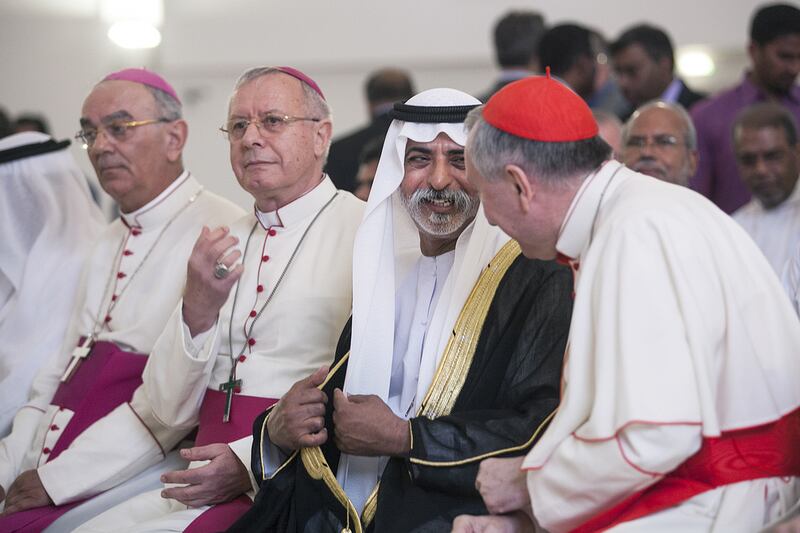 Sheikh Nahyan bin Mubarak, Minister of Youth, Culture and Community Development, with Cardinal Pietro Parolin at the inauguration of St. Paul’s Church in Abu Dhabi. Religious leaders have praised the UAE as an exemplary model of multi-faith cooperation. Mona Al Marzooqi / The National 
