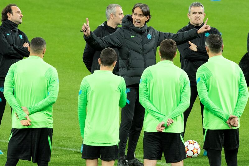 Inter Milan manager Simone Inzaghi leads a training session at Santiago Bernabeu. EPA
