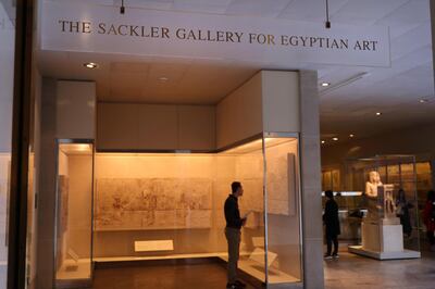 NEW YORK, NEW YORK - MARCH 28: A sign welcomes visitors to the Sackler Wing at the Metropolitan Museum of Art on March 28, 2019 in New York City. Joining a growing list of state and local governments alleging that the drug maker Purdue Pharma and the Sackler family sparked the nation‚Äôs opioid crisis, New York Attorney General Letitia James announced on Thursday that it is suing members of the billionaire family.  (Photo by Spencer Platt/Getty Images)