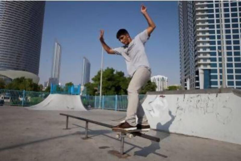 Mark Issa, who will compete for Lebanon in skateboarding at the Asian Extreme Championship, seen here practicsing at the Family Skatepark by the Corniche. Razan Alzayani / The National