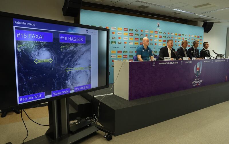 Rugby World Cup tournament chiefs demonstrate to the media the potential impact of Typhoon Hagibis as they announce match cancellations at a press conference. Getty Images