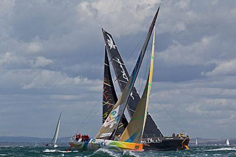 The yachts of Abu Dhabi Ocean Racing, in background, and Team Sanya compete at the Rolex Fastnet Race. The Volvo Ocean Race competitors will take a secret route to Abu Dhabi in December to allay fears of piracy.