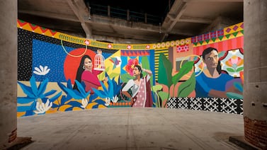 Members of the Aravani Art Project, who are known for the murals they paint across Bangalore, created "Diaspora" at the Venice Biennale. Photo: Andrea   Avezzù. Courtesy La Biennale di Venezia
