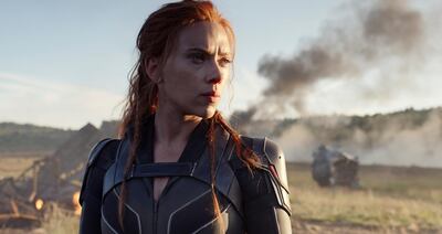 This image released by Disney/Marvel Studios' shows Scarlett Johansson in a scene from "Black Widow." The Walt Disney Co. on Friday overhauled its release schedule, moving the dates of half a dozen Marvel movies. â€œBlack Widow,â€ which had been set to kick off the summer movie season, will now open Nov. 6. (Marvel Studios/Disney via AP)