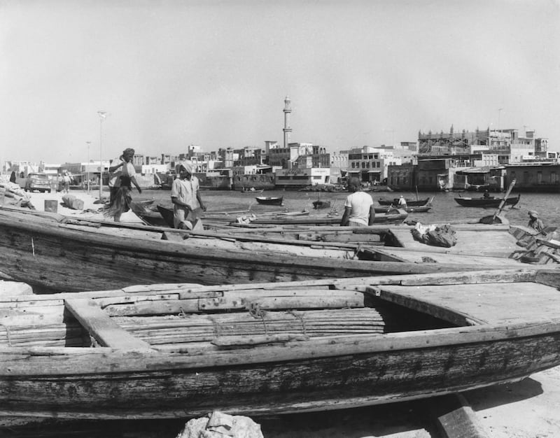 Boats on the Creek in Dubai, with the Customs House in the background, 1967. Getty Images